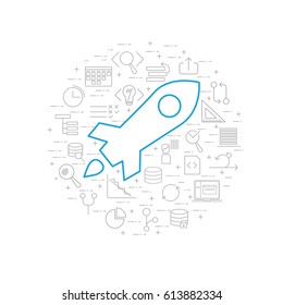 Concept illustration on white background with grey agile software development line icons such as: scrum task board, release, coding, user story, laptop and big rocket release icon