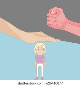 Concept illustration. One hand protects a girl from another one hand. Childhood protection