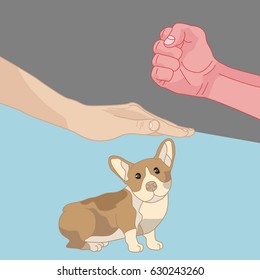 Concept illustration. One hand protects a dog from another one hand