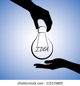 Concept illustration of one person providing idea to the other. The graphic uses a light bulb with filament replaced with word idea to convey the concept of problem solving or finding solution