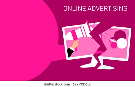 Concept illustration for online advertising. Vector flat design of monitor with businessman holding megaphone. - Shutterstock ID 1277335105
