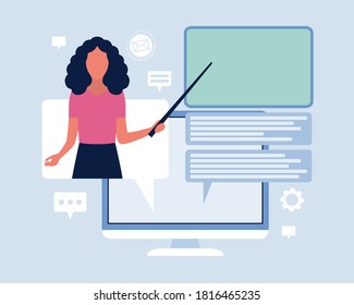 Ilustración conceptual del aprendizaje en línea. Día del profesor.  Lección de video, seminario web. Ilustración de vector plana colorida.