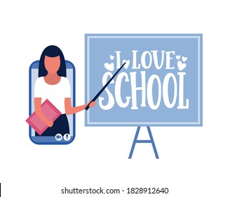 Concept illustration of online learning. Teacher’s day. Video lesson, webinar. Hand drawn lettering of I love school. The phrase of school. Colorful flat vector illustration.