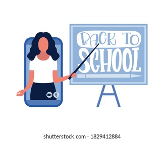 Concept illustration of online learning. Teacher’s day. Video lesson, webinar. Hand drawn lettering of Back to school. The phrase of school. Colorful flat vector illustration.