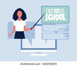 Concept illustration of online learning. Teacher’s day.  Video lesson, webinar. Hand drawn lettering of First day of School. The phrase of school. Colorful flat vector illustration.