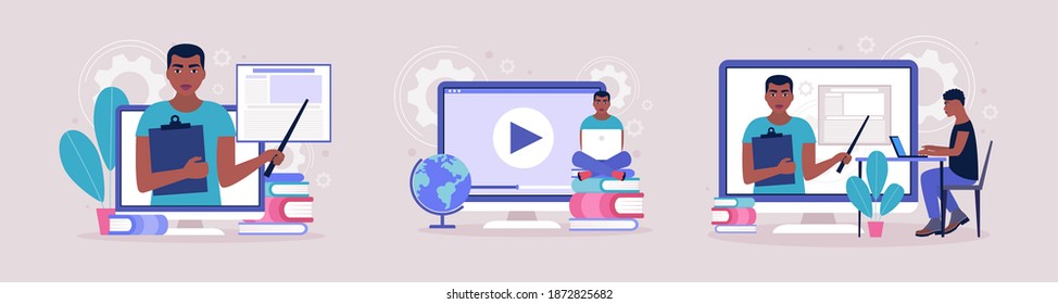 Concept illustration of online learning. Teacher’s day. Video lesson, webinar. Colorful flat vector illustration.