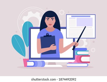Concept illustration of online learning. Teacher’s day. Video lesson, webinar. Colorful flat vector illustration.