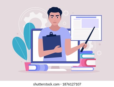 Concept illustration of online learning. Teacher’s day. Video lesson, webinar. Colorful flat vector illustration.