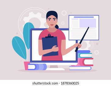Concept illustration of online learning. Teacher’s day. Video lesson, webinar. Colorful flat vector illustration.