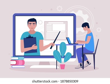 Concept Illustration of online learning. Lehrertag. Video-Unterricht, Webinar. Farbige flache Vektorgrafik.