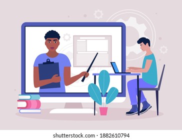 Concept illustration of online learning. Teacher’s day. Video lesson, webinar. Colorful flat vector illustration.