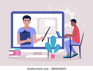 Concept illustration of online learning. Teacher’s day. Video lesson, webinar. Colorful flat vector illustration.
