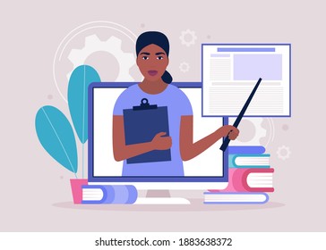 Concept illustration of online learning. Teacher’s day. Video lesson, webinar. Colorful flat vector illustration.