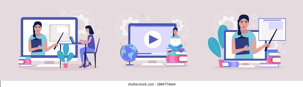 Concept illustration of online learning. Teacher’s day. Video lesson, webinar. Colorful flat vector illustration.