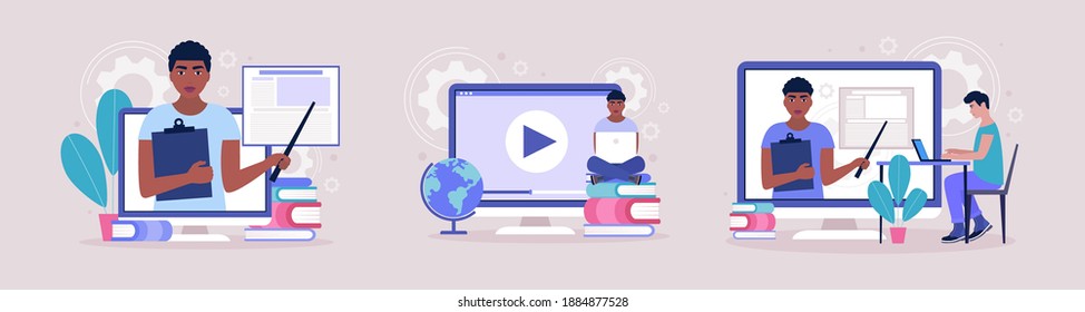 Concept illustration of online learning. Teacher’s day. Video lesson, webinar. Colorful flat vector illustration.