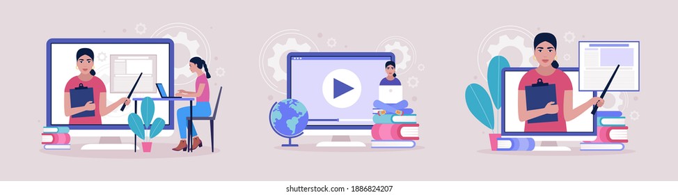 Concept illustration of online learning. Teacher’s day. Video lesson, webinar. Colorful flat vector illustration.