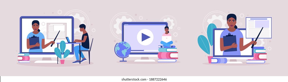 Concept illustration of online learning. Teacher’s day. Video lesson, webinar. Colorful flat vector illustration.