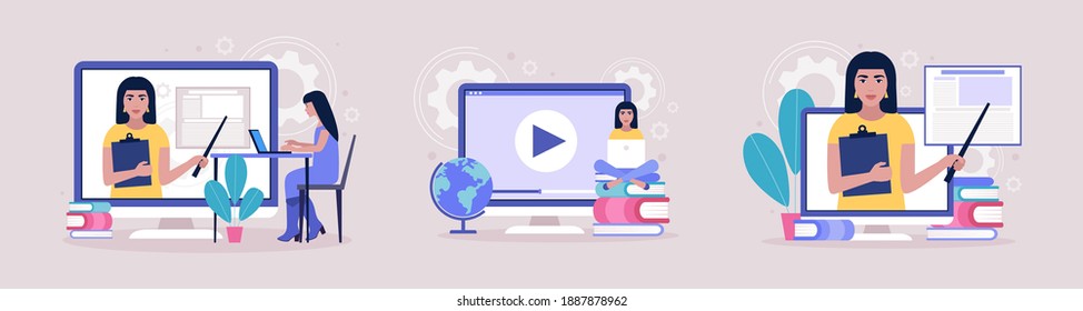 Concept Illustration of online learning. Lehrertag. Video-Unterricht, Webinar. Farbige flache Vektorgrafik.