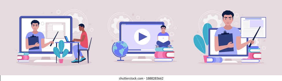 Concept illustration of online learning. Teacher’s day. Video lesson, webinar. Colorful flat vector illustration.