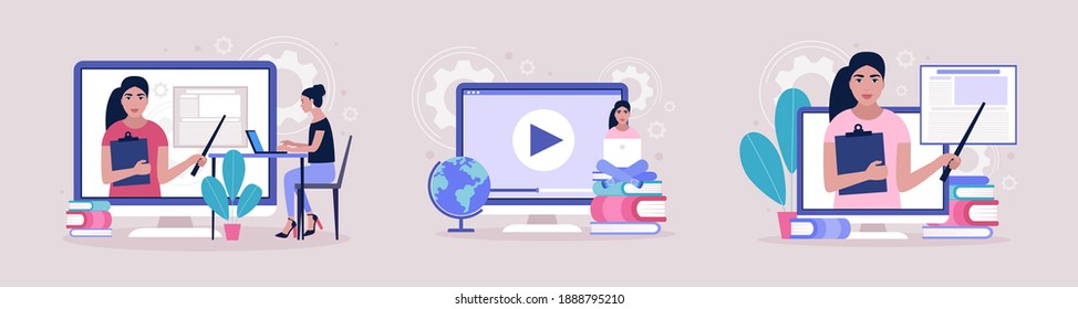 Concept Illustration Of Online Learning. Teacher’s Day. Video Lesson, Webinar. Colorful Flat Vector Illustration.