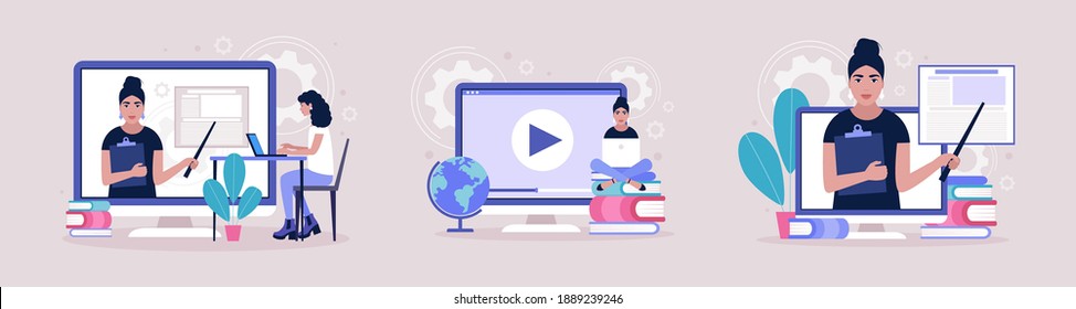 Concept illustration of online learning. Teacher’s day. Video lesson, webinar. Colorful flat vector illustration.