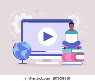 Concept illustration of online learning. Video lesson, webinar. Colorful flat vector illustration.