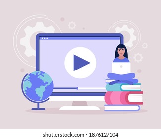 Concept illustration of online learning. Video lesson, webinar. Colorful flat vector illustration.