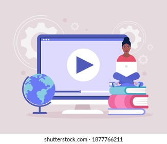 Concept illustration of online learning. Video lesson, webinar. Colorful flat vector illustration.