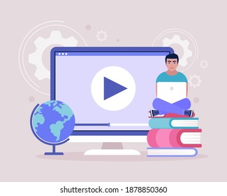 Ilustración conceptual del aprendizaje en línea. Lección de video, seminario web. Ilustración de vector plana colorida.
