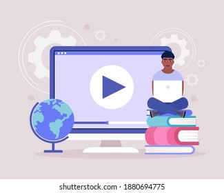 Concept Illustration of online learning. Video-Unterricht, Webinar. Farbige flache Vektorgrafik.