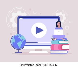Concept Illustration of online learning. Video-Unterricht, Webinar. Farbige flache Vektorgrafik.