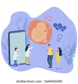 Concept illustration of online prenatal check. Illustration of embryo, phone, pregnant women, doctors