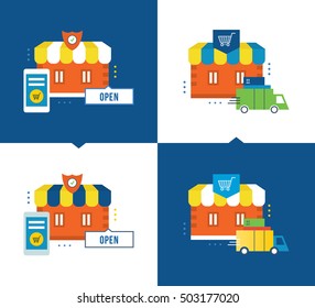 Concept of illustration - online shopping and the application process, delivery of goods, store, buying, mobile marketing. Vector illustrations are shown on a light and dark background.