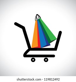 Concept illustration - online shopping cart & bags. The graphic contains a shopping cart symbol with colorful shopping bags representing conceptually purchasing online and e-commerce