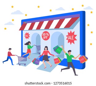 Concept illustration of online shopping landing page. People running for sale, big discounts. Vector illustration.