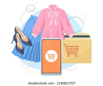 Concept illustration for online shopping. Smartphone screen with fashion items for women.
