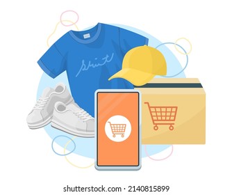 Concept illustration for online shopping. Smartphone screen with fashion items for men.