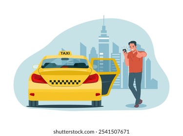 Concept illustration of online taxi service. A happy man with a smartphone in his hand gets into a car. Vector illustration.