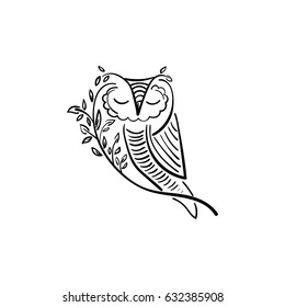 Concept illustration of owl with branch and leaf. Vector design