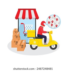 ilustración conceptual de un hombre paquete con un scooter que envía pedidos en el mercado a su destino, Ilustración vectorial de estilo plano.