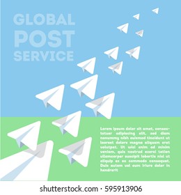 Concept illustration of paper airplanes as a symbol of postal service. Vector composition.