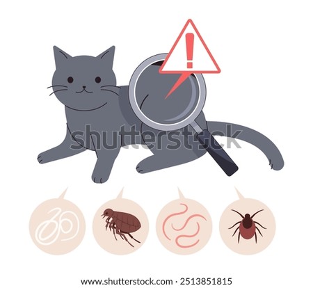 Concept illustration of parasitic infections found in cats. Observe a cat with a magnifying glass.
