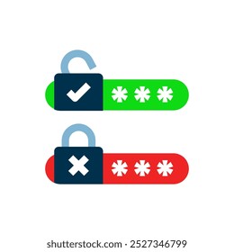 Concept illustration of password status with open and locked padlocks, check mark for correct and cross for incorrect entries. security interfaces, login screens, authentication systems