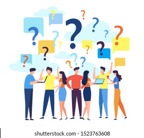 Concept illustration of people frequently asked questions around question marks, answer to question metaphor. Vector flat modern colorful illustration