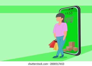 Concept illustration of people shopping online via communication devices, delivery