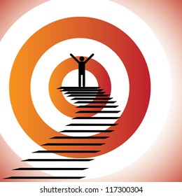 Concept illustration of a person reaching goal and winning a challenge. The graphic shows a determined & confident person achieving success by reaching the target and winning