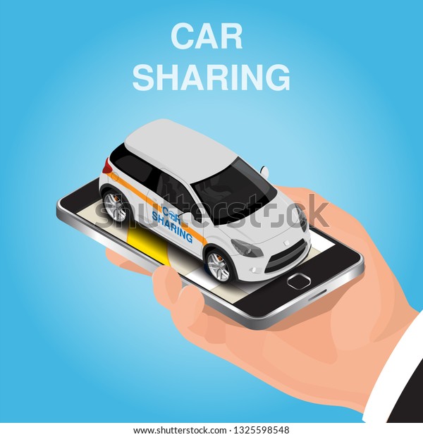 Concept illustration of person that wants to order\
car sharing service. Vector isometric hand with phone. Mobile\
online car sharing\
app.