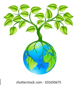 Concept illustration of planet earth world globe with a tree growing on top. Any number of green environmental or business growth interpretations.