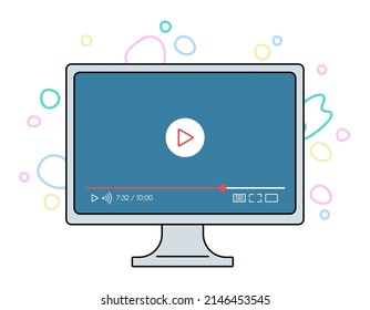 Concept illustration of playing video on a desktop computer. Viewing online educational materials and video websites.  Line drawing.