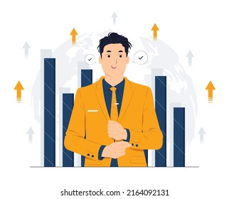 Ilustración conceptual del poderoso exitoso joven empresario con alta autoestima y confianza vestido con traje elegante, apuntándose con los dedos orgulloso y feliz estilo de caricatura plana